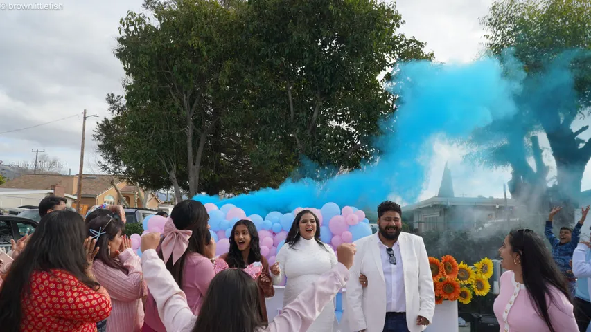 A family group under trees at a gender reveal party in San Jose, blue smoke rising behind them, pink and blue balloons, everyone laughing