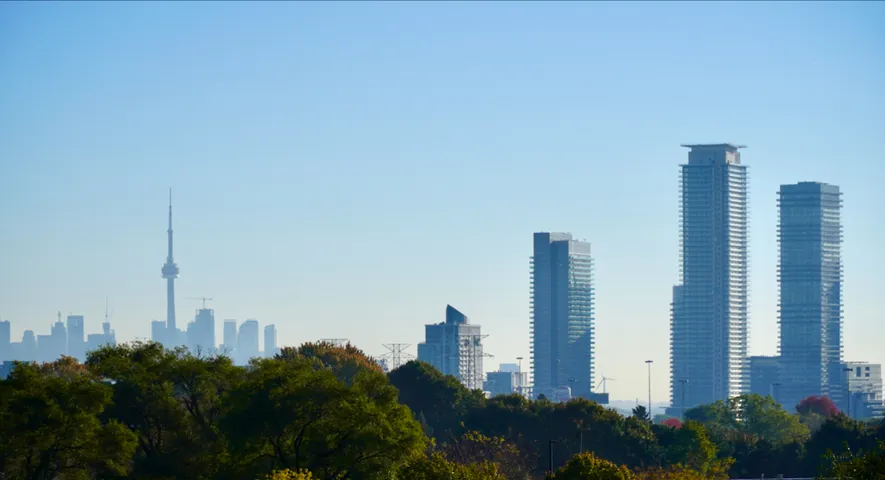 The Toronto skyline in daylight, the CN Tower rising above the downtown towers, seen over a line of autumn trees.